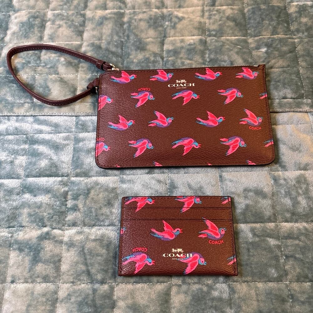 Coach Women's Burgundy and Pink Bird Wristlet with Card Case Set